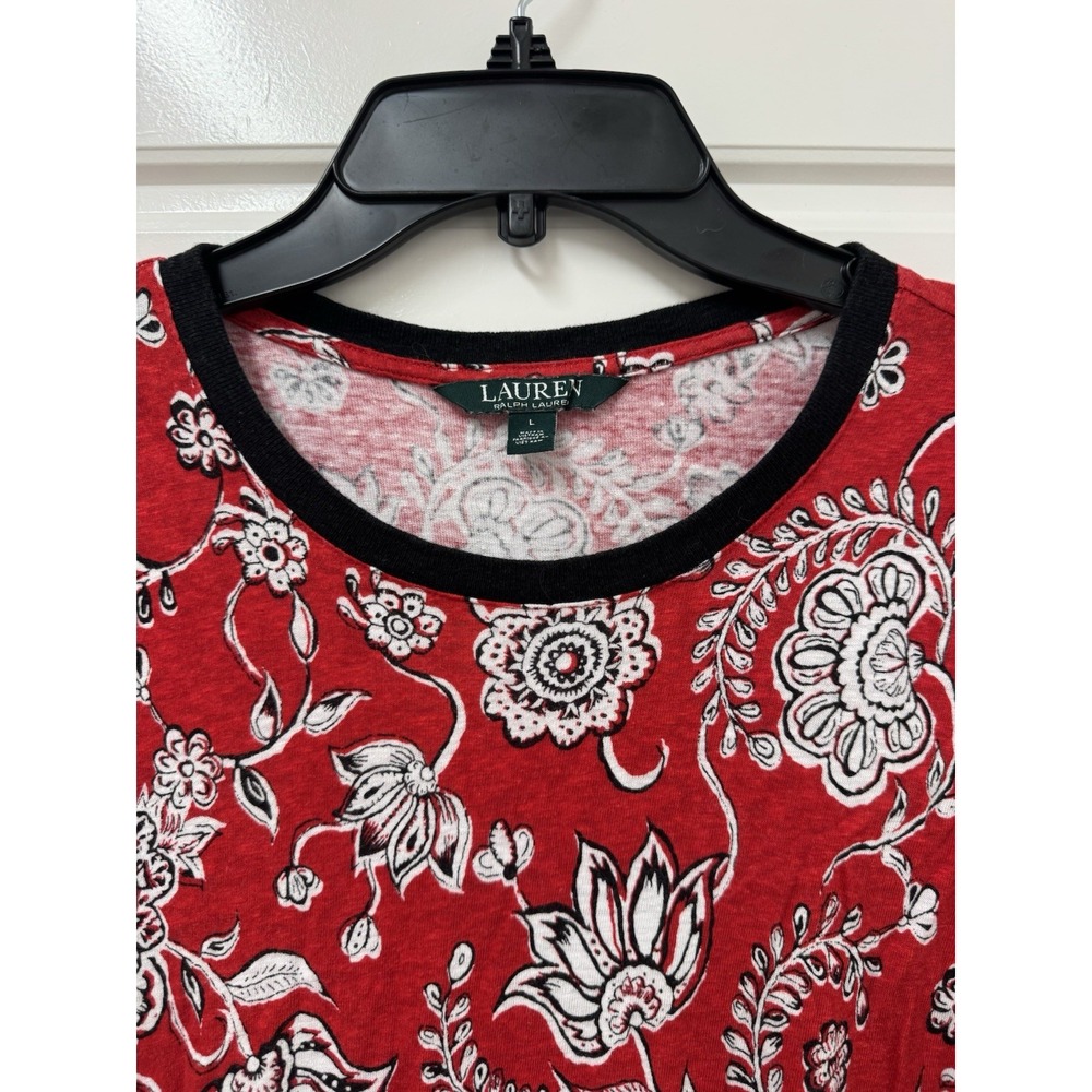 Lauren Ralph Lauren Red Floral Linen Blend Knit Top Large Short Sleeve Blouse